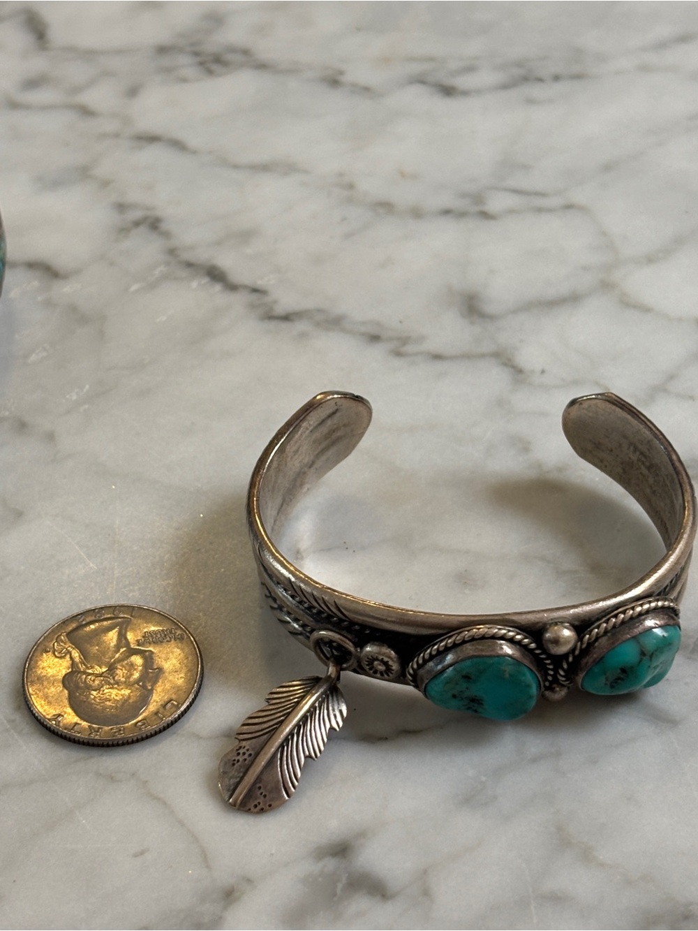 Sterling Silver Turquoise Cuff Bracelet with Feather Charm